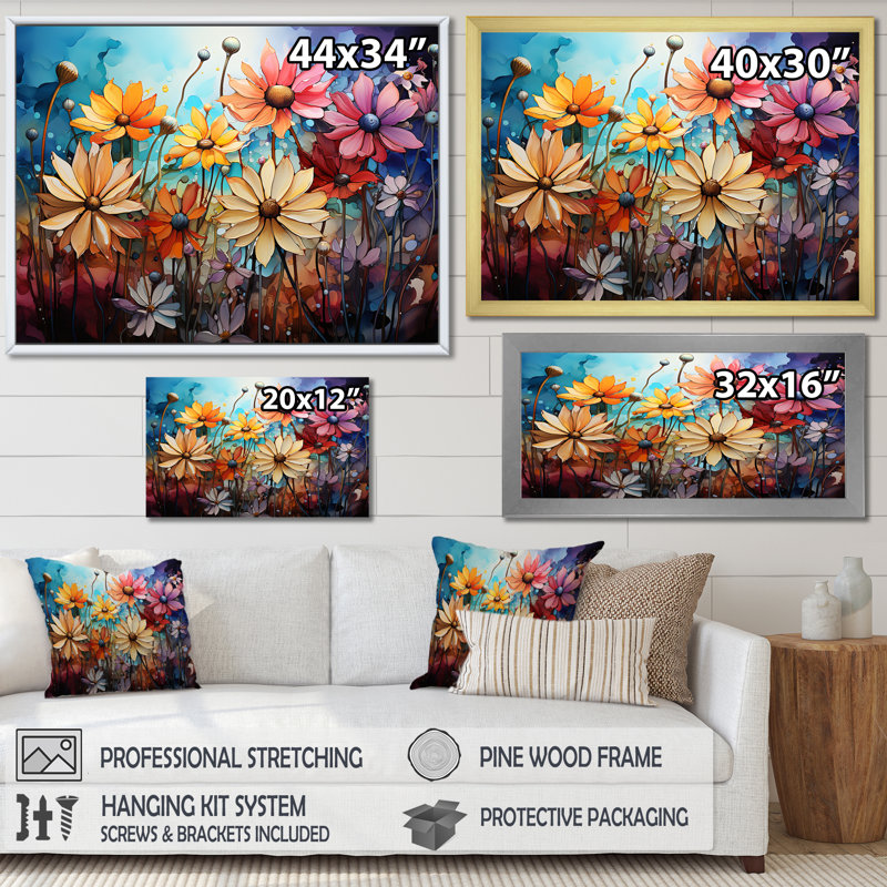 Art coloré sur toile «Daisy», Cadre simple blanc, H 44 po x l 34 po x P 1,5 po