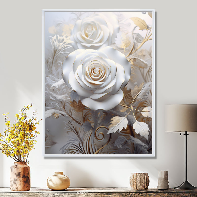 «White Rose Golden Golden Ethereal Leaves» - impression d'art mural rose, Toile encadrée flottée blanche