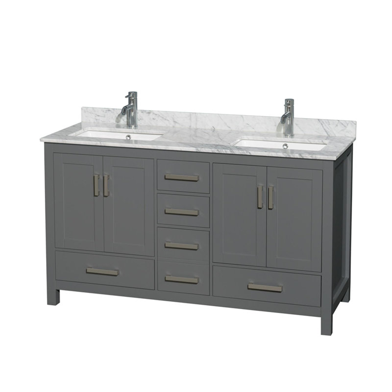 Sheffield 60" Freestanding Double Bathroom Vanity with Marble Top, White Carrara, Dark Gray
