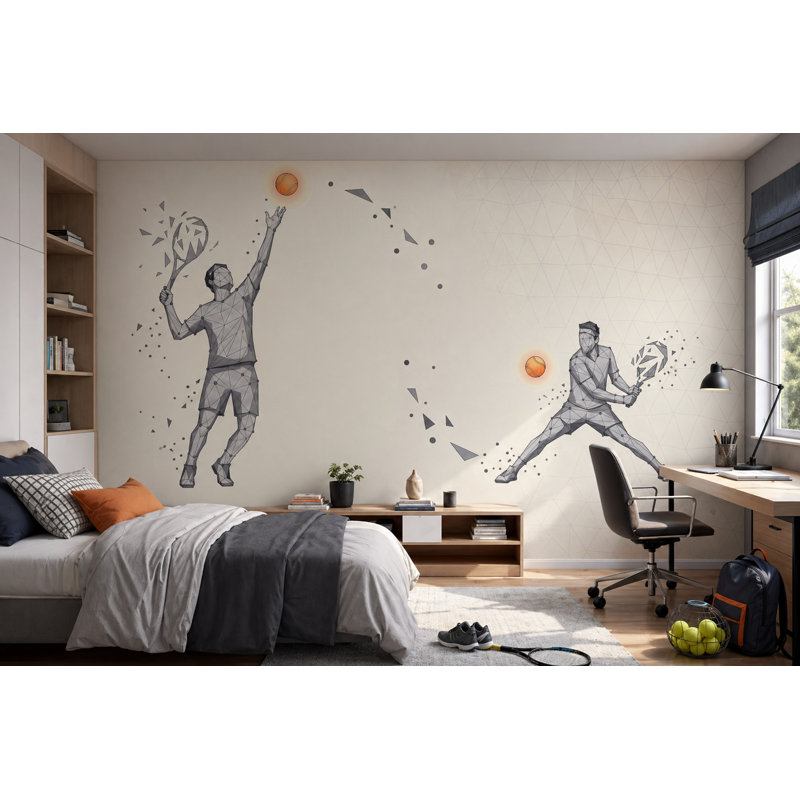 Papier peint mural géométrique low poly représentant du tennis, 140"x108", Peel and Stick