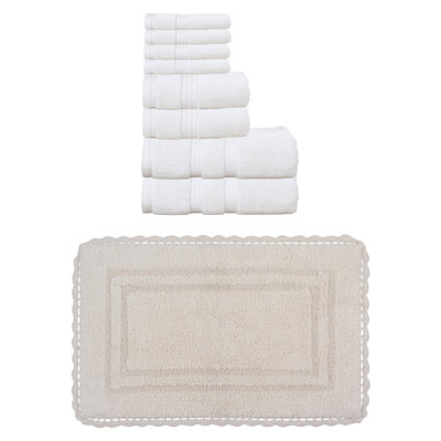 Colson 100% Soft Cotton 8 Pc Bath Towel Set & 1 Pc Bath Rug, (Set of 9), Ivory