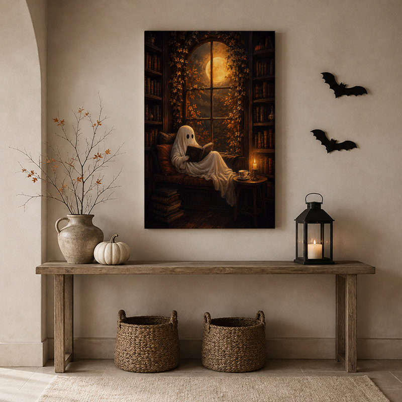 «White Ghost», lecture dans une bibliothèque avec art mural d'Halloween complet, H 36 po x l 24 po
