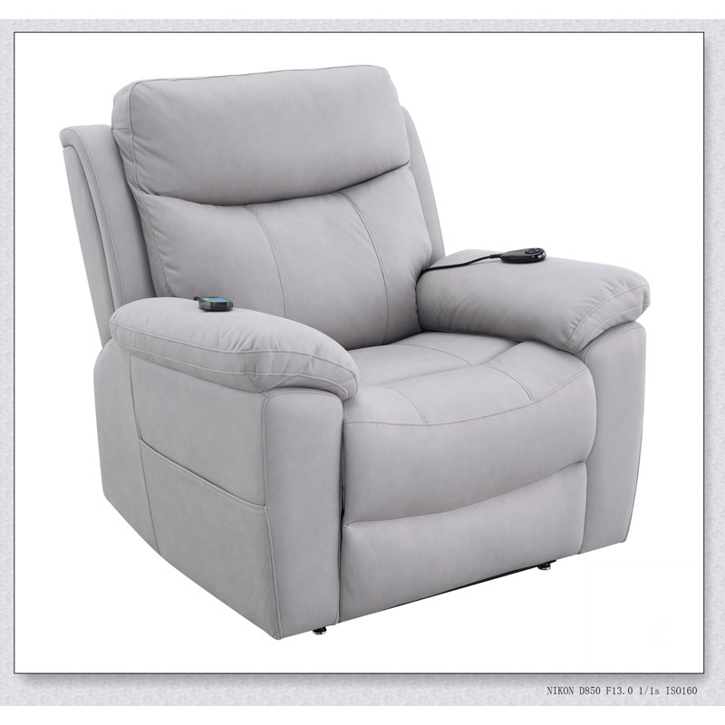 Chriki  Polished Microfiber Power Motion Recliner with Lift, Heating & Massage Chair, Light Gray