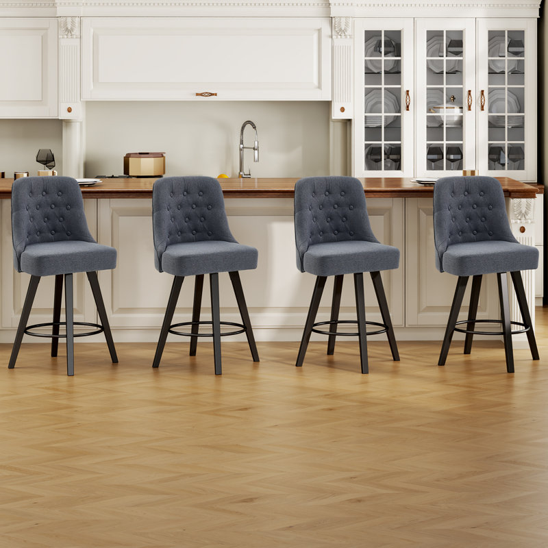 Swivel Bar Stools, 26'' Upholstered Counter Stool with Solid Wood Frame, Gray
