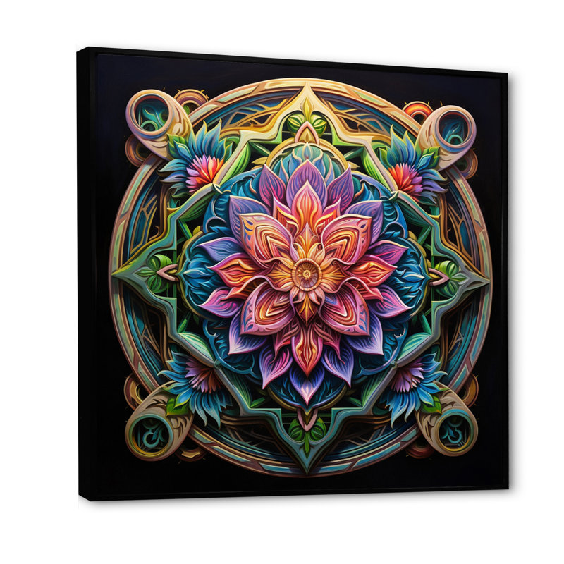 Ancien mandala magique coloré sur toile, H 16 po x l 16 po, Cadre flottant noir