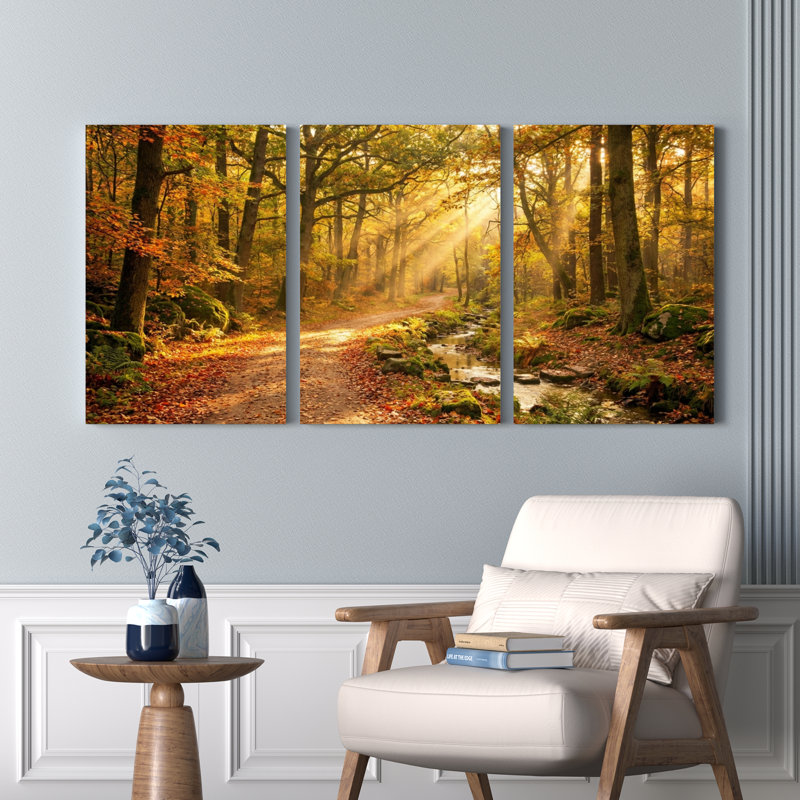 Ensemble de 3 tableaux sur toile représentant un sentier ensoleillé dans la forêt d'automne, 1624