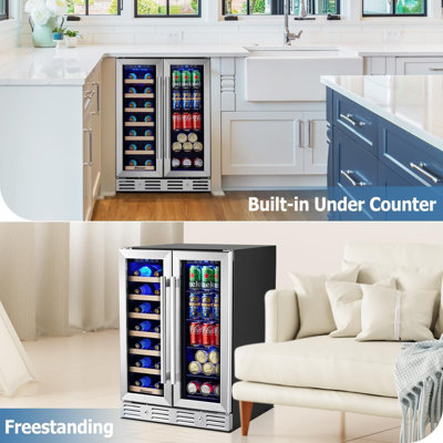 Kalamela 24 Inch Wine And Beverage Refrigerator - Dual Zone Fridge Holds 21 Bottles & 77 Cans - Built-in Or Under Counter With Blue Led Light - Wooden Frame