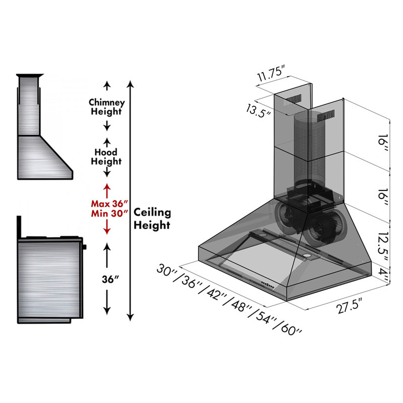 60" 700 CFM Ducted Wall Mount Range Hood in Stainless Steel, 60"