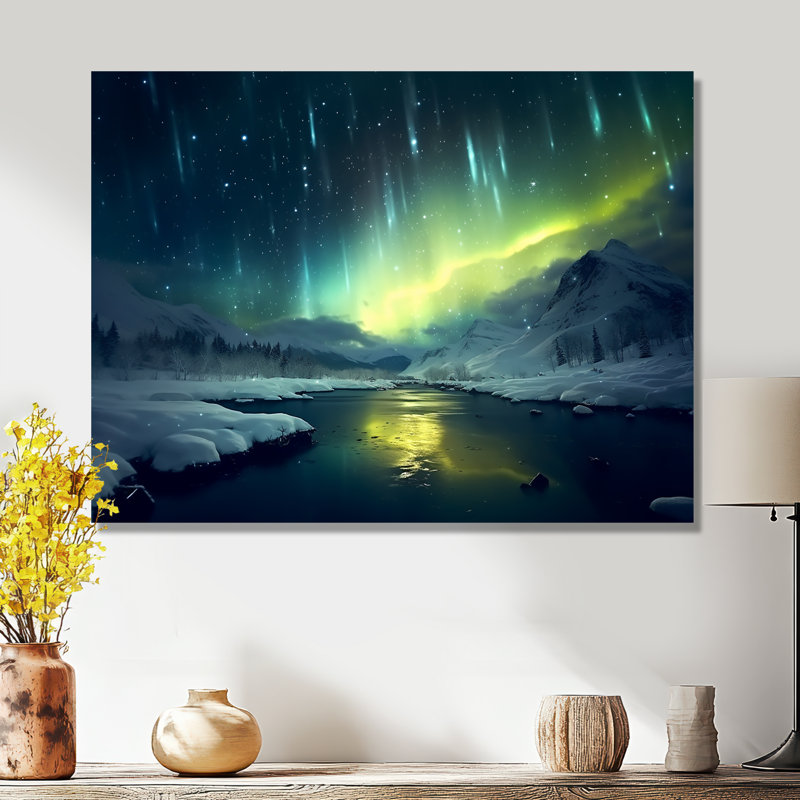 «Green Northern Lights River Snow Landscape - Aurora Borealis», art mural, Métal métal, H 34 po x l 44 po x P 1,5 po