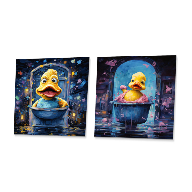 «Playful Yellow Duck In Bathaign I» - Ensemble de 2 carrés de salle de bain, H 16 po x l 32 po