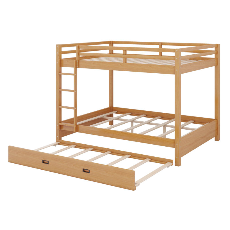 Queen Over Queen Bunk Bed With Trundle, Wood Bunk Beds With Guardrails And Ladders, Wood Color