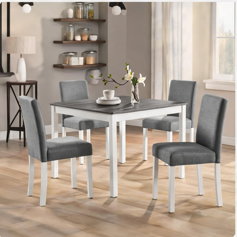 Square Kitchen Dining Set for Small Spaces with 4 Chairs, Soft Grey Upholstery, White Table, Compact Space-Saving Design