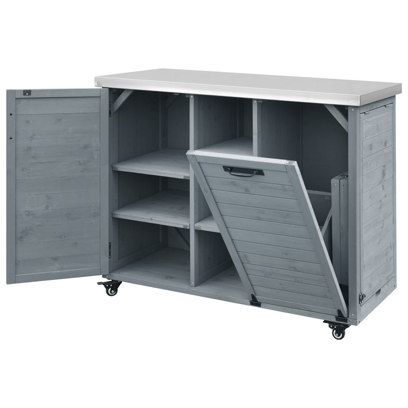 78.3" Outdoor Kitchen Island with Foldable Grill Table, Wooden Outdoor Grill Cart with Trash Can Storage & Stainless Steel Top, Outdoor Bar Cart
