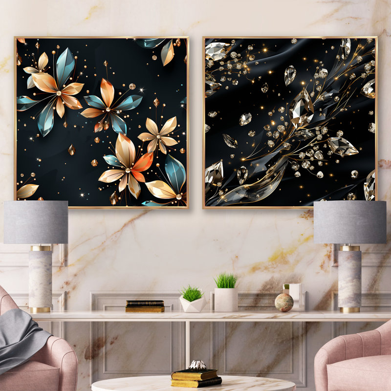 Harlow - Ensemble de 2 collages carrés abstraits, H 16 po x l 33 po, Cadre flottant doré