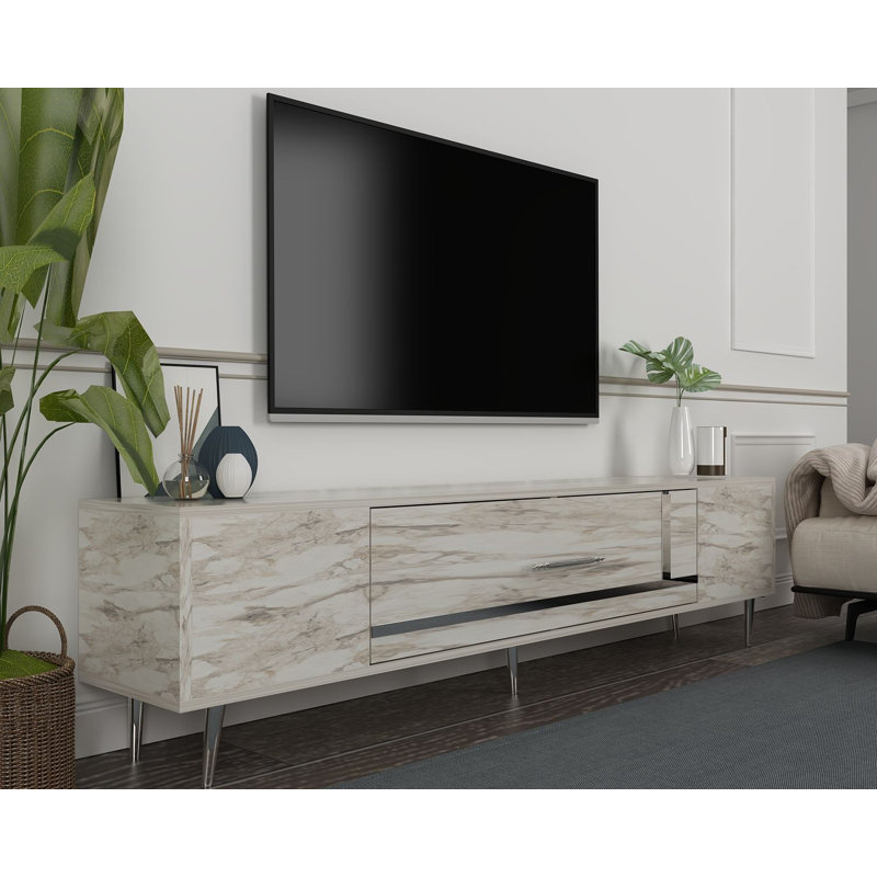Meuble télé Catena élégant avec marbre Ephesus et argent, 59,1 x 19,0 x 11,6 pouces | Panneau de particules revêtu de mélamine à 100%, conception murale | Parfait pour les salons modernes, solution de rangement durable et élégante