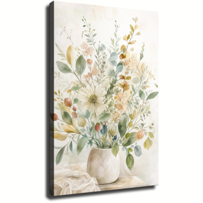 Print Canvas Wall Art, Watercolor Neutral Eucalyptus Wild Floral Vase Bouquet Muted Earth Tone Botanical for Bedroom Bathroom Farmhouse Wall Decor