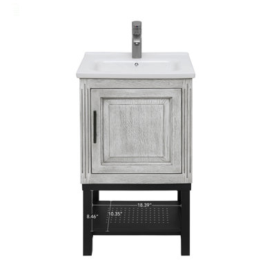 Petit meuble-lavabo de 20 po avec lavabo et robinet d'eau chaude et froide, armoire de salle de bain autoportante avec lavabo en céramique, rangement pour salle de bain avec 1 porte et tablette ouverte en fer