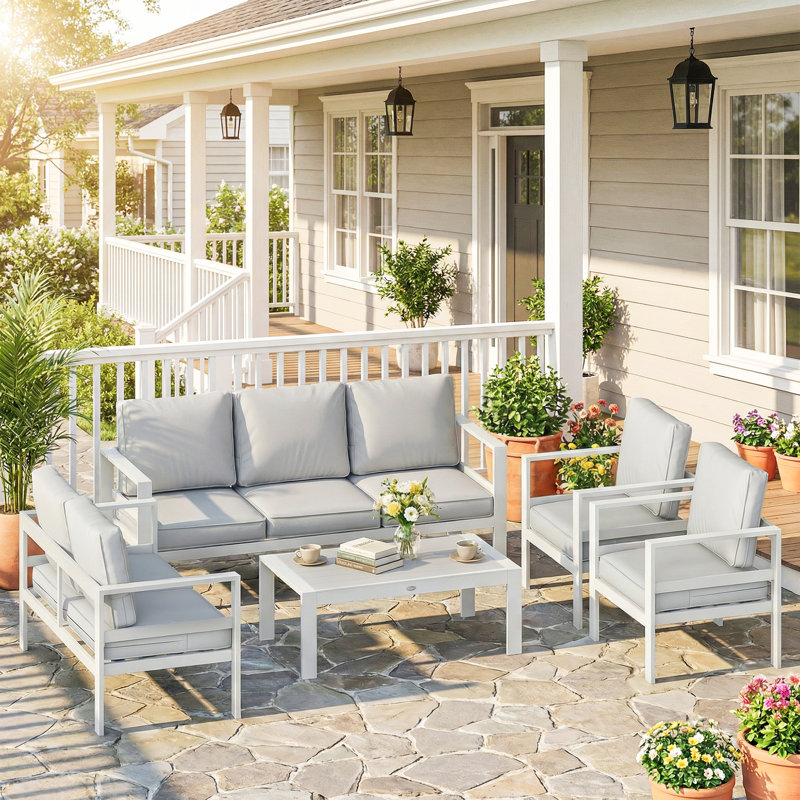 Outsunny 7 Seater Aluminium Garden Furniture Set Olefin Cushions, White