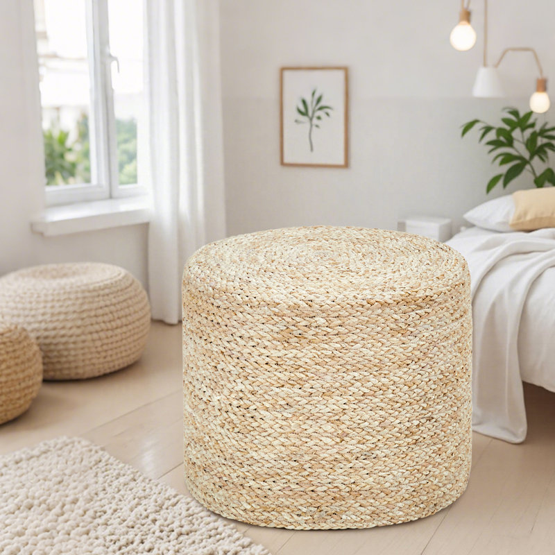Onaway Upholstered Pouf, Natural Corn Husk