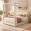 Lit plateforme Trundelle Queen à baldaquin capitonné beige avec lit gigogne simple, 3 tiroirs de rangement, tête de lit rembourrée, deux bandes DEL à la tête et au pied de lit, cadre à baldaquin