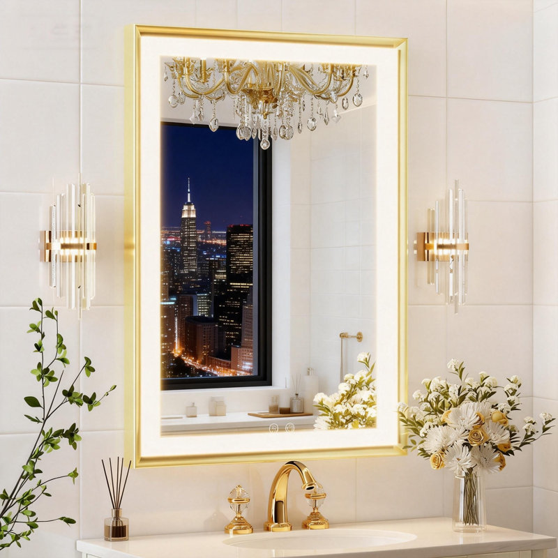 LED Bathroom Vanity Mirror with Anti-Fog and Dimmable Light, Aluminum Frame Wall Mirror, Brushed Gold, 24" x 32"