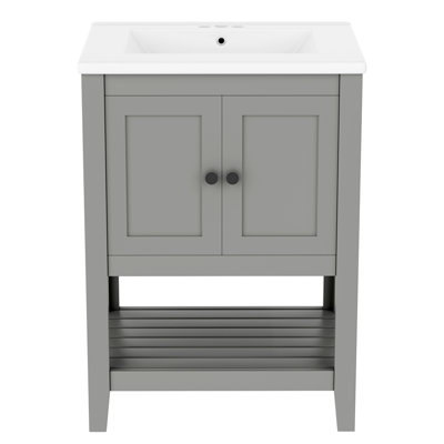 Lavabo de salle de bain moderne élégant en céramique 24 po avec tablette ouverte en bois massif