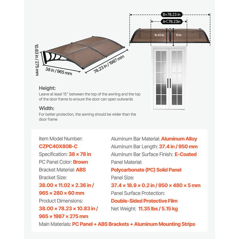 Awnings for Door Entrance, 38 x 78 in, Exterior Front Door Window Awnings with Drainage & Metal Bracket, Rain Snow Sun Protection, Overhang Polycarbonate Door Canopy for Porch Patio, Brown