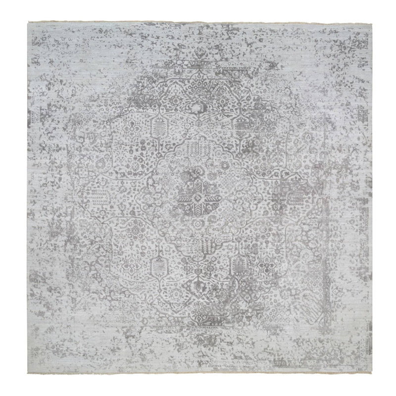 Tapis oriental carré gris en laine nouée à la main et soie pure 12 po x 12 po 9B30430532D545D79A699346DD36F58E