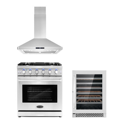 3 Piece Kitchen Package with 30"" Freestanding Gas Range 30"" Island Range Hood &  48 Bottle Freestanding Wine Refrigerator -  Cosmo, COS-3PKG-027