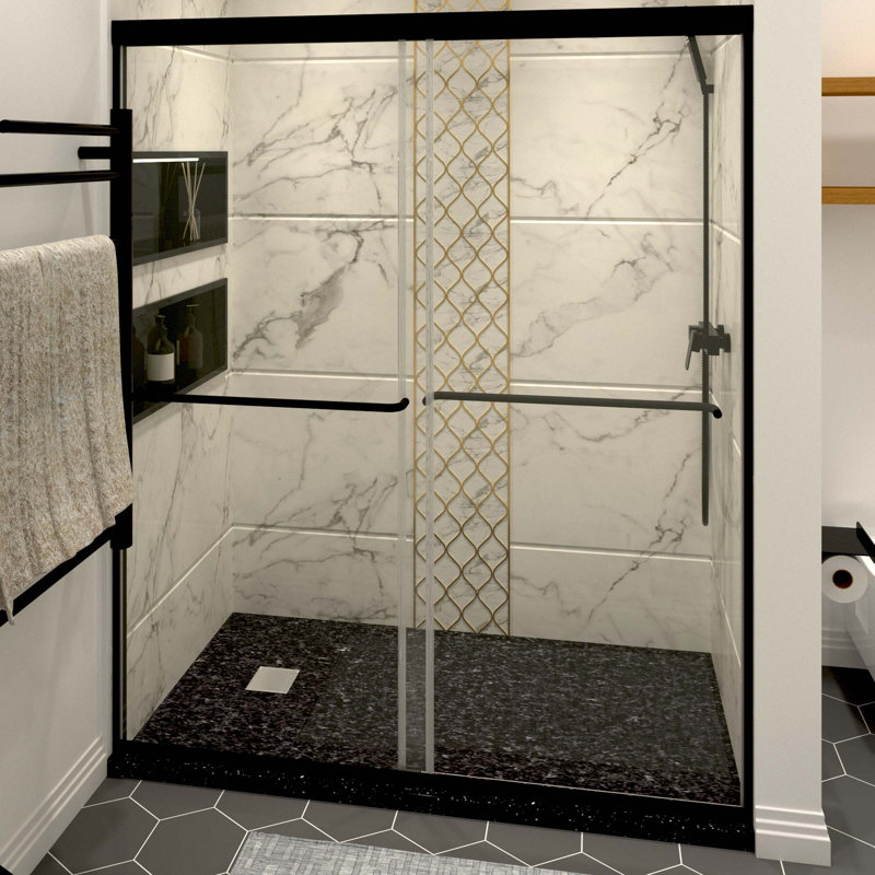 Porte de douche coulissante moderne avec verre trempé transparent, Noir, noir, noir, noir