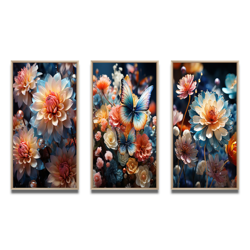 «Meadow Chrysanthemum Charm», 3 pièces sur toile, H 20 po x l 36 po, Cadre naturel flottant