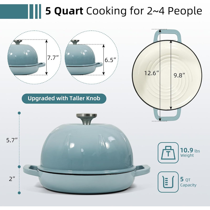 Étuve en fonte émaillée avec couvercle et fronde en silicone Davivy 5 pintes, Sel de mer