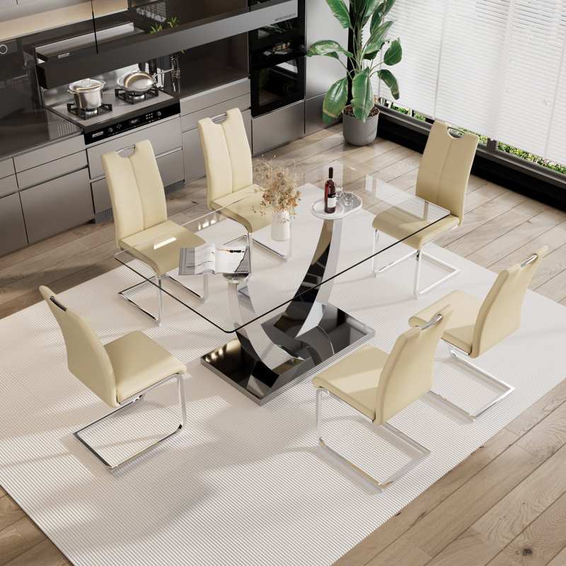 Ensemble de salle à manger 7 pièces, Argent, Beige/Argenté