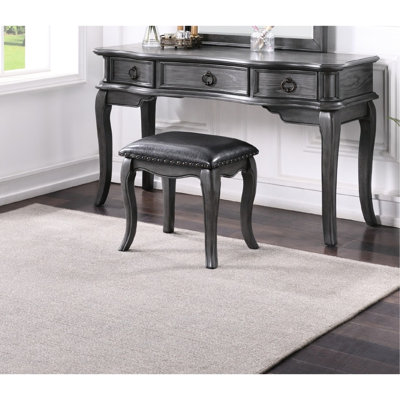 Grey Vanity With Stool, -tapered Legs, Floral Crown Molding Mirror, Functional Bedroom Decoration Feature Elegant Desk Furniture Concept