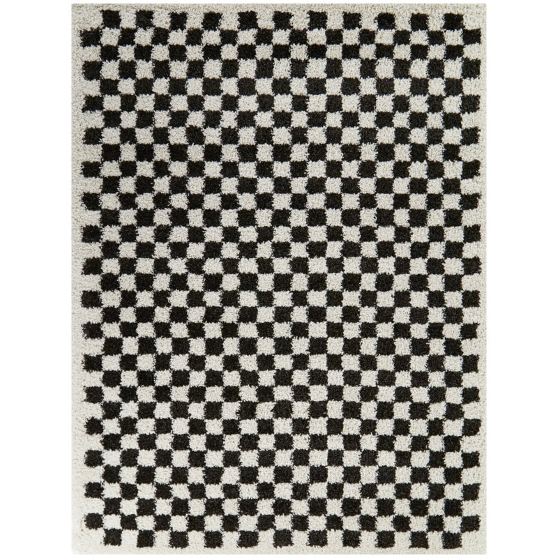 Tapis à poils longs gris anthracite / crème à carreaux Walker, Rectangle 5 pi 3 po x 7 pi