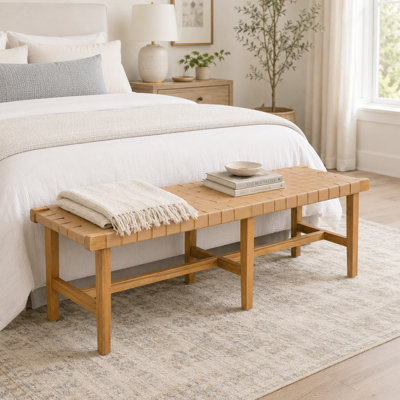 Banc de chambre en bois d'acacia avec siège en similicuir tissé pour la chambre à coucher