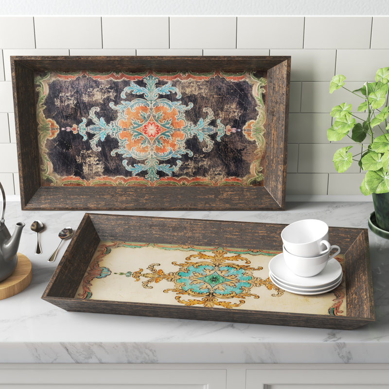 Ensemble de 2 plateaux décoratifs en bois avec motifs d'inspiration méditerranéenne