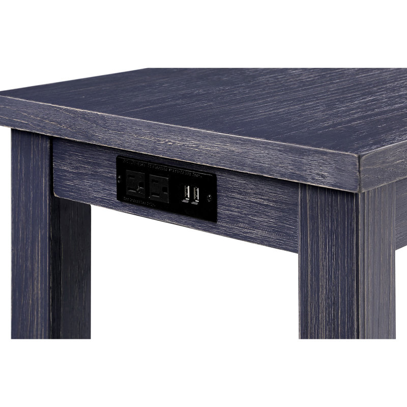 Table de salle à manger rectangulaire 4 pièces de style transitionnel, 1 et 3 tabourets, fabrication en bois massif, couleur bleu / gris antique, siège rembourré avec garniture cloutée et prise de courant pour placage