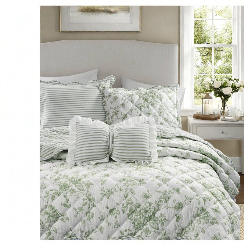 Reversible Green Bedding Sets, Full Queen Microfiber, Farmhouse Home Quilt