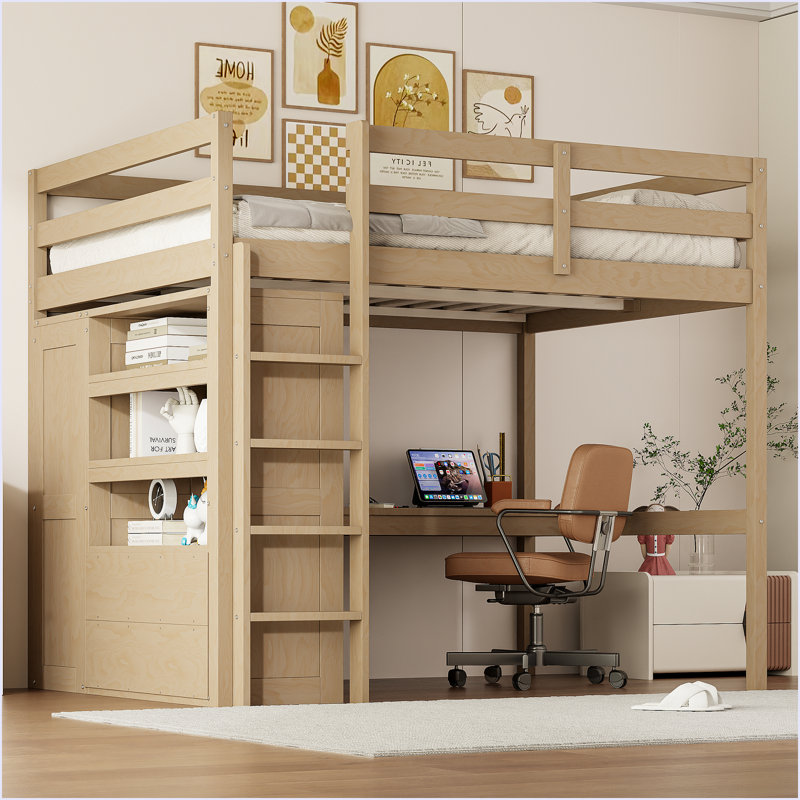 Lit mezzanine en bois avec garde-robe intégré, bureau, tablettes de rangement et tiroirs, Noyer
