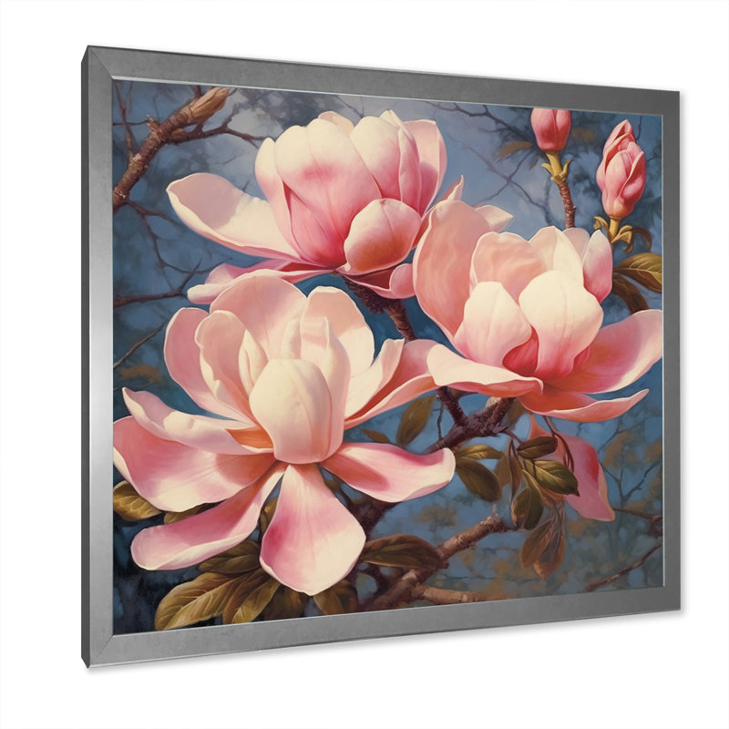 «Pink White Magnolias Elegance Landscape» sur toile, Cadre simple argenté, H 24 po x l 24 po x P 1 po