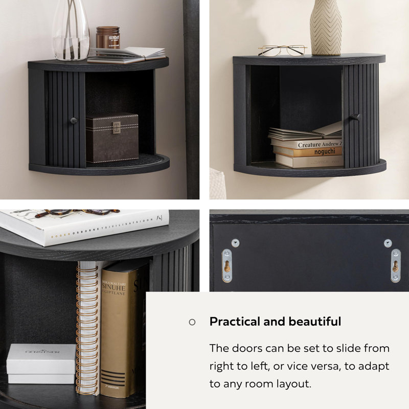 16'' Floating Nightstand with Storage and Sliding Door - Floating Side Table for Living Room, Bedroom and Office. Mid Century Modern Nightstand Wood, Bedside Shelf Wall Mount (Black Oak)