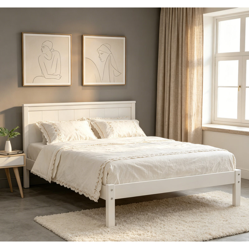 Élégant cadre de lit plateforme simple avec tête de lit, support en lattes de bois, aucun sommier nécessaire, Lit simple
