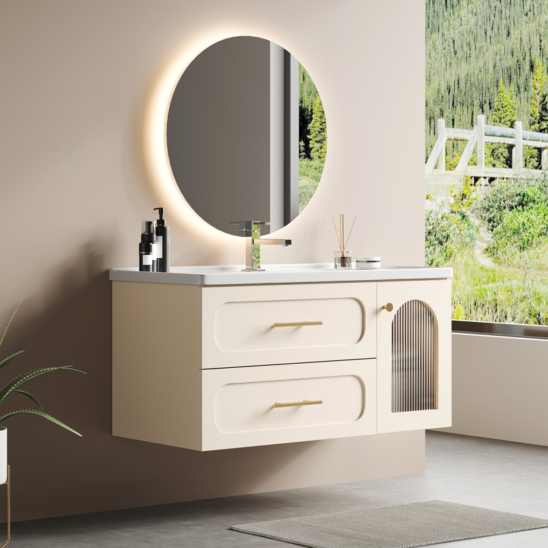 Meuble-lavabo mural 39 po avec lavabo mural 39 po et 2 tiroirs, meuble-lavabo flottant moderne avec lavabo intégré en céramique et plateau intégré blanc