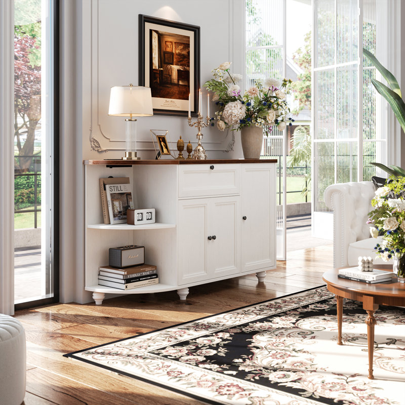Farmhouse 55"W Bar Cabinet With Outlet, Coffee Bar With Drawer & 15 Wine Glass Rack, Oak/White