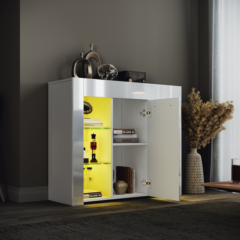 95*35*83cm High Brightness Display Cabinet with LED Colorful Lighting,Adjustable Shelves, White