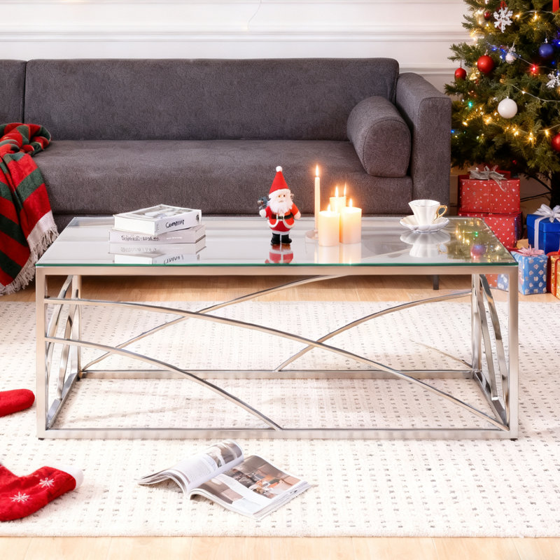 Regency Modern Stainless Steel Silver Coffee Table With Tempered Glass Top, Clear