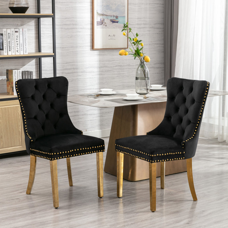 Chaise de salle à manger en bois avec dossier rembourré, ensemble de 2, Doré, Noir