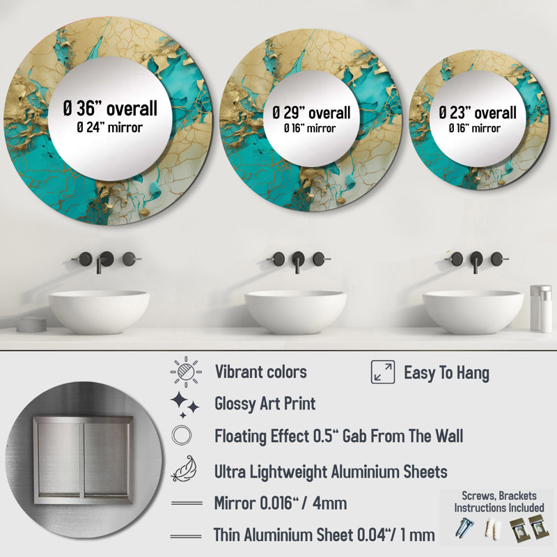 Encre liquide captivante Panaggio Turquoise Gold - marbre, miroir mural rond turquoise, 23 po x 23 po