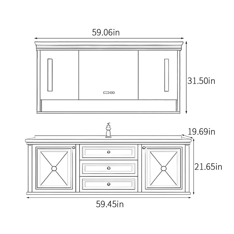 Armoire de salle de bain de style médiéval américain, Brun, H 21,65 po x l 59,45 po x P 19,69 po